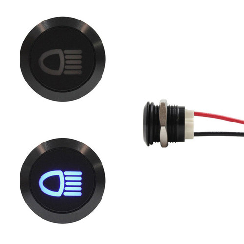 16MM metal high beam LED indicator with wire leads and laser-etched symbol for automotive dashboards and headlight systems.