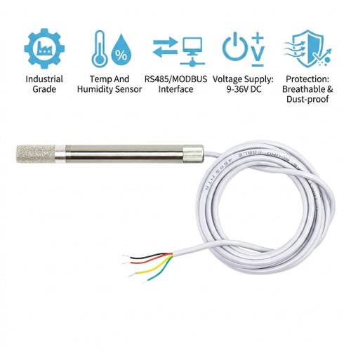 7Semi industrial RS485 temperature and humidity sensor probe with stainless steel body and 2 meter cable for Modbus RTU monitoring