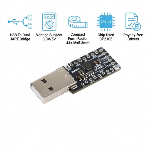7Semi CP2105 USB A to Dual UART converter breakout board with dual serial interface support Type A connector and compact 44 x 16 x 5.3 mm form factor
