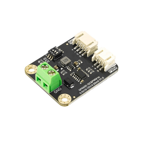 Gravity GP8600 16 bit DAC module with I2C and PWM input supporting 0-10V and 4-20mA analog output for industrial control