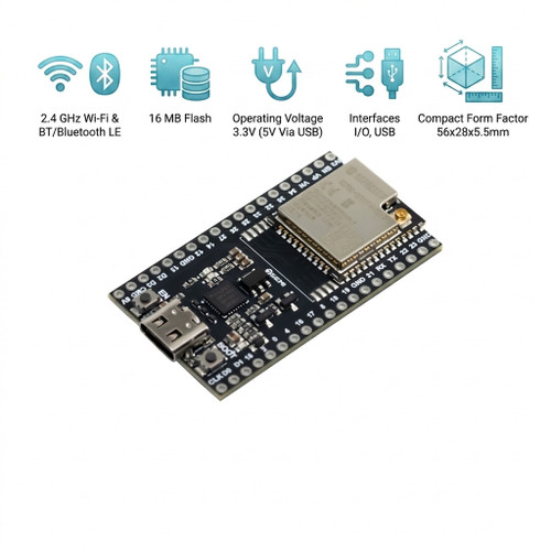 7Semi ESP32-DEVKIT-32UE ESP32 Wi-Fi and Bluetooth LE development board with USB Type-C 16 MB flash onboard buttons and pin headers