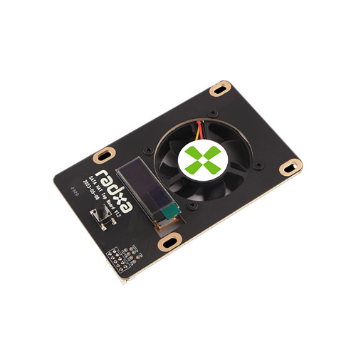 Radxa SATA HAT top board with OLED display and cooling fan for NAS storage expansion systems