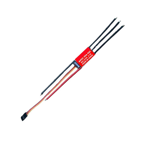 Redhobby AM32 30A bidirectional brushless ESC for 2-4S LiPo with 6V 2A UBEC, multi-platform speed controller for RC multicopter, airplane, car, and boat, showing motor bullet connectors and battery leads