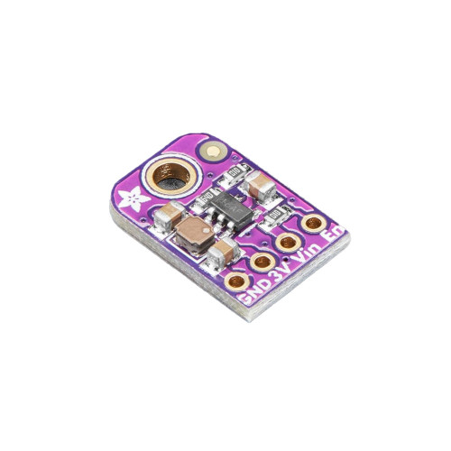 TLV62569 3.3V buck converter breakout board, 3.4-5.5V input, 1.2A continuous output, compact step-down voltage regulator for LiPo, alkaline, and USB-powered 3.3V embedded circuits, showing input and output solder pads