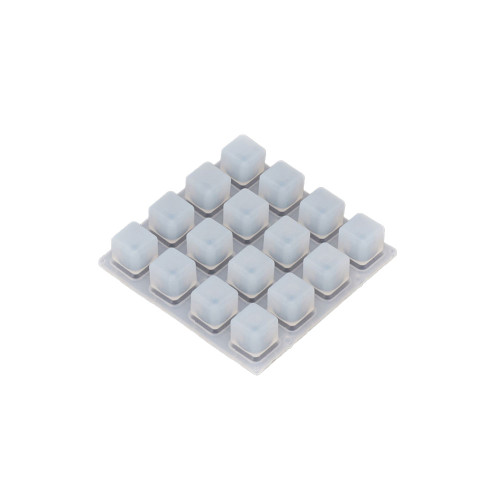 Silicone elastomer 4x4 16-key button keypad for 3mm LEDs, 10 x 10mm soft-touch rubber keys with 3mm travel and 5mm grid spacing, tileable design for DIY control panels and embedded interface builds