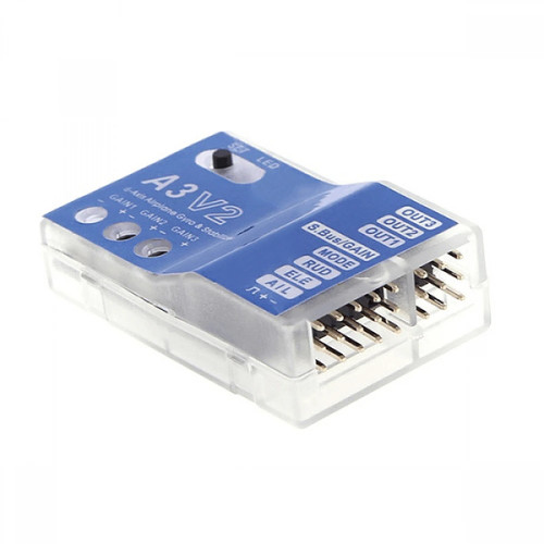 A3 V2 3-axis gyro flight controller stabiliser for RC fixed-wing airplane and copter, metal housing 43 x 27mm 11g, showing servo and receiver connectors for 4-mode stabilised flight with one-key rescue and HV receiver support