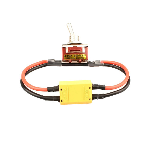 AMASS XT90 large-current high-load power on-off toggle switch for RC drone, car, boat, and aircraft battery and ESC circuit isolation, showing XT90 connectors on both sides, 12mm panel-mount screw hole, and approximately 35cm total cable length