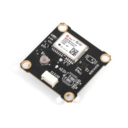 M10 NEO-M10 multi-constellation GNSS module with integrated compass for RC FPV drones, racing quadcopters, and fixed-wing aircraft, showing compact GPS module PCB with compass sensor and connector lead for ArduPilot, iNav, and PX4 flight controller integration
