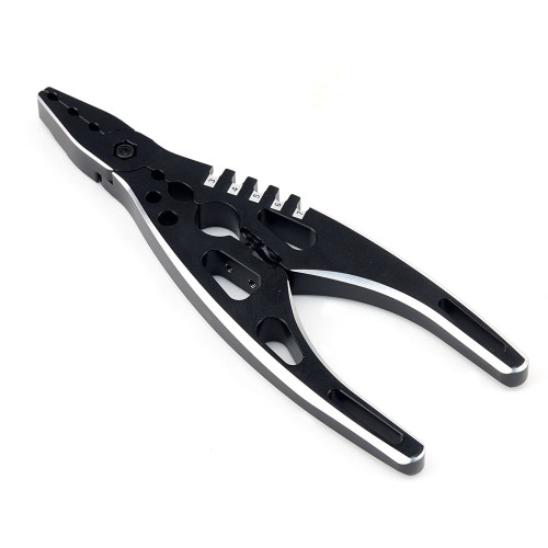 Black aluminum multi-function shock-absorber repair clamp tool for RC car suspension maintenance and servicing