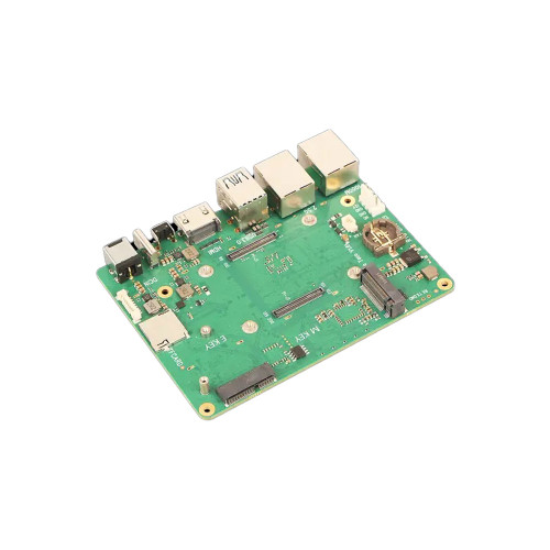 Radxa Taco high-performance NAS and router carrier board platform for Raspberry Pi CM5, showing multi-drive storage interface connectors, dual Ethernet ports, comprehensive IO header, and flexible power input for home and lab NAS and router builds