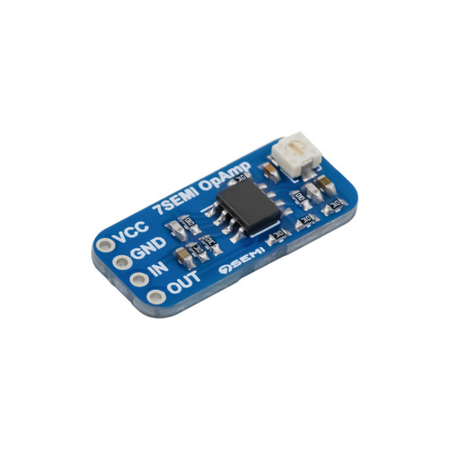 7Semi LMV358A automotive op amp breakout board with LMV358A-Q1 IC, trim pot, and feedback capacitors on a 25 x 11 mm PCB