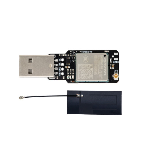 7Semi EG800AK-CN LTE Cat-1 bis USB dongle with Quectel EG800AK-CN modem, USB Type-A connector, Nano SIM slot, U.FL antenna connector, UART breakout TX RX VIN GND pins, and status LEDs for IoT, industrial, and embedded development cellular connectivity