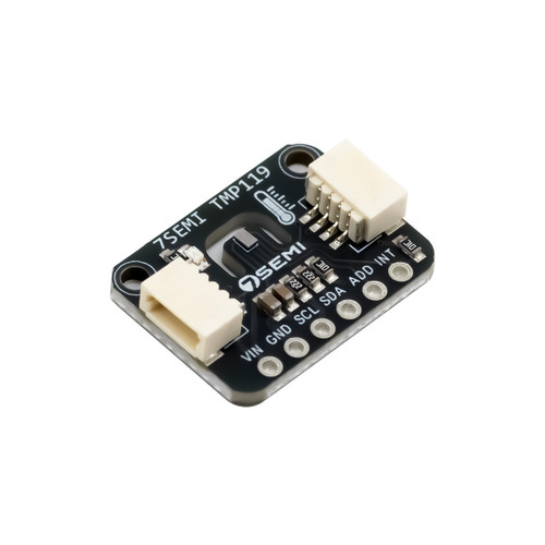 7Semi TMP119 high-accuracy digital temperature sensor module with dual Qwiic connectors, I2C interface, configurable address, interrupt output pin, and integrated EEPROM on a compact 3.3V breakout board for Arduino, ESP32, STM32, and Raspberry Pi precision temperature sensing builds
