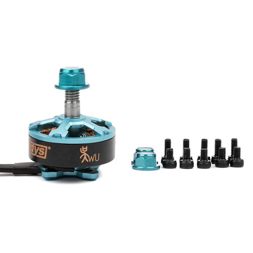 DYS WU 2206 1750KV CW brushless motor for FPV racing drone and multirotor, 22mm stator diameter 6mm stator height, lightweight 4-6S LiPo motor for 5-inch and 6-inch propeller FPV racing and freestyle quadrotor builds, showing rotor bell, stator winding, and motor base mounting pattern