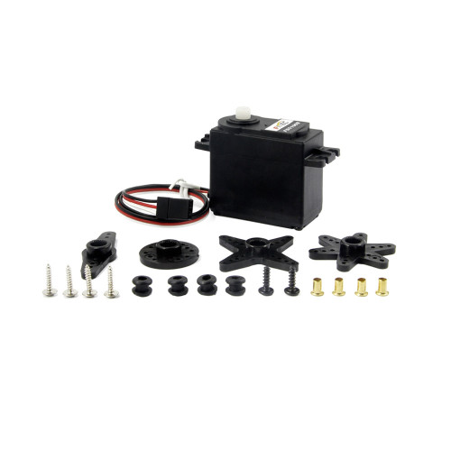 FS5106B 6V 6 kg.cm 180deg analog servo motor with Nylon and POM plastic gears, dual ball bearings, and 25T output spline