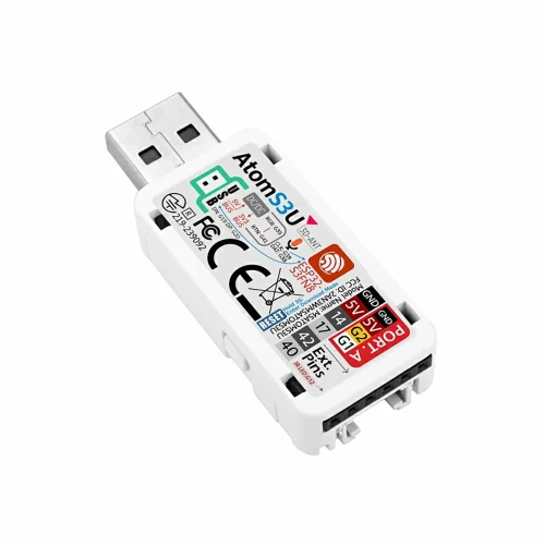 M5Stack K125 AtomS3U ESP32-S3 development board with USB-A, PDM microphone, infrared emitter, RGB LED, and Grove interface