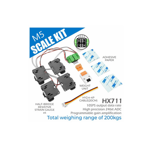 M5Stack Scale Kit with HX711 24-bit ADC, 4 half-bridge resistive strain-gauge sets and total weighing capacity up to 200 kg