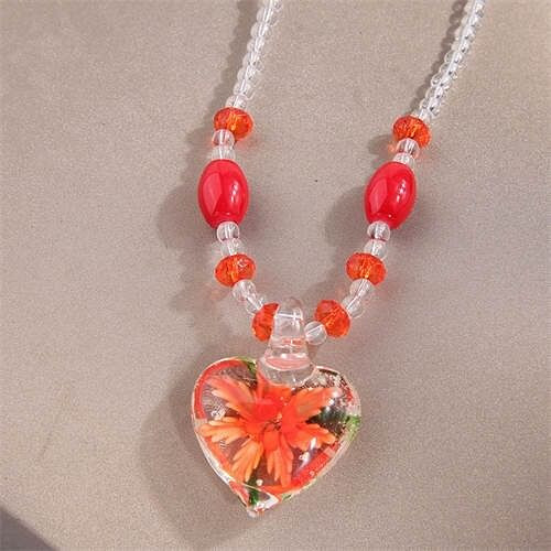 Orange Flower Inlaid Vintage Amber Peach Heart Pendant Unique Fashion Costume Necklace
