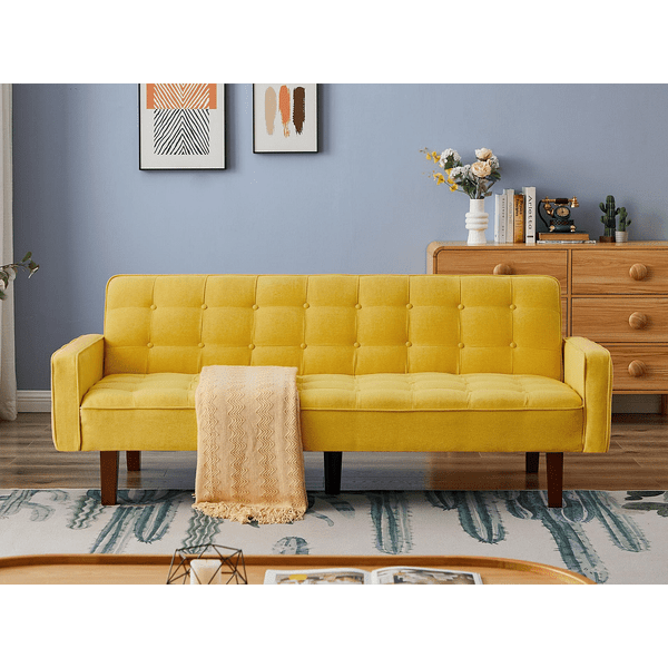 Yellow, Linen Futon Sofa Bed 73.62 Inch Fabric Upholstered Convertible Sofa Bed, Minimalist Style f T575-V0671367609