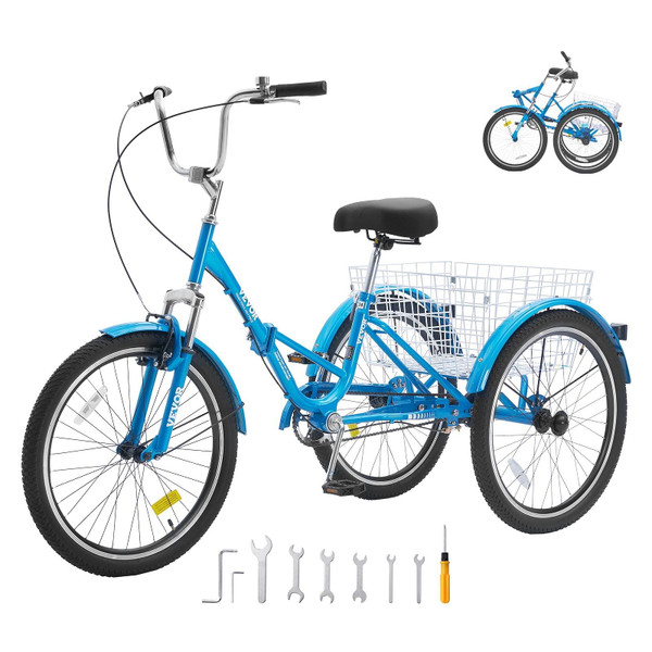 VEVOR Folding Adult Tricycle, 24-Inch Adult Folding Trikes, Carbon Steel 3 Wheel Cruiser Bike