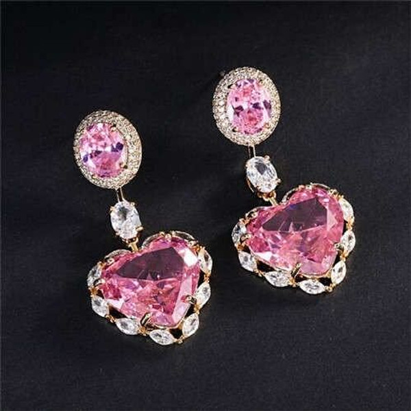 Jewelry Luxurious Shining Cubic Zirconia Romantic Heart Pendant Copper Dangle Earrings