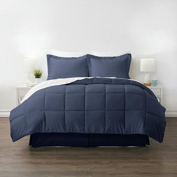Full Navy Microfiber Baffle-Box 6-Piece Reversible Bed-in-a-Bag Comforter Set Q280-NVFU6399