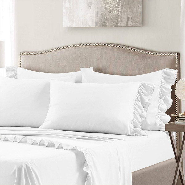 Kingn size 6-Piece White Microfiber Sheet Set with Ruffled Edges Q280-LDKFR654378