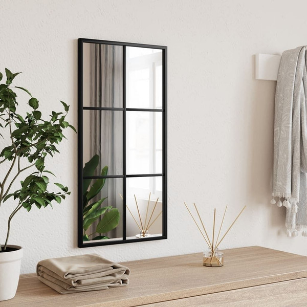 Wall Mirror Black Glass, Powder-coated Iron 11.8 x 23.6 in