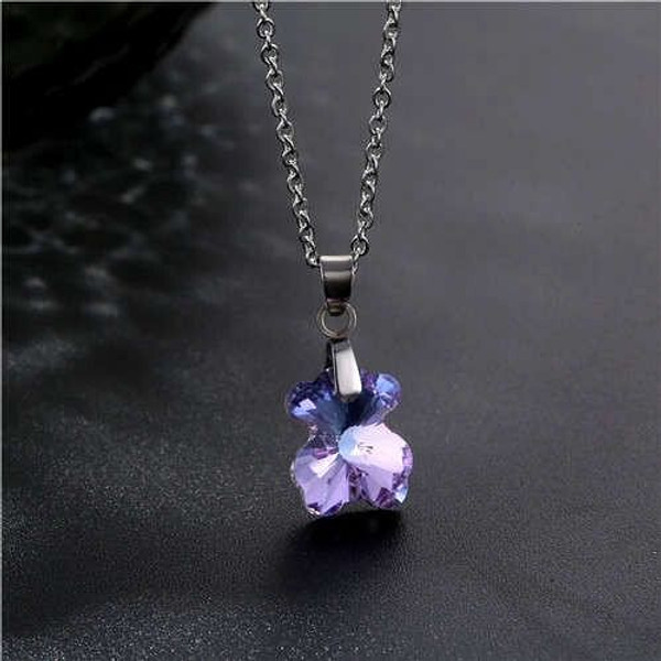 Korean Fashion Minimalist Glass Crystal Bear Pendant Stainless Steel Necklace - Amethyst