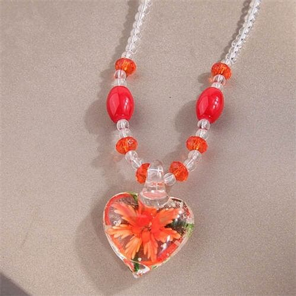 Orange Flower Inlaid Vintage Amber Peach Heart Pendant Unique Fashion Costume Necklace