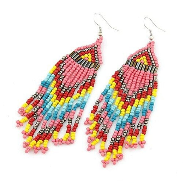 Bohemian Beads Tassels Style Dangling Earrings - Pink