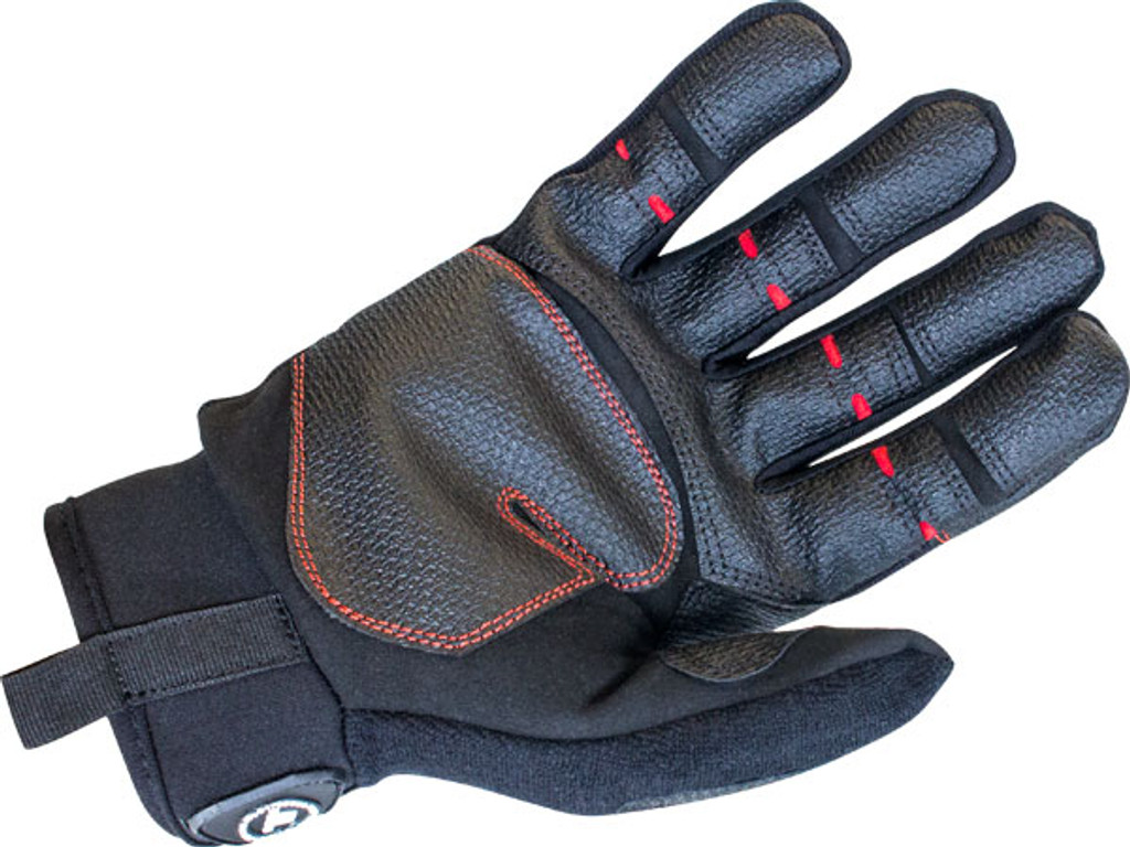 Detail of Rope and Rescue full-finger trade glove with textured and reinforced grip to allow continuos work flow.