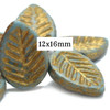 12x16mm Leaves Medium Sky Blue with Etched Finish and Gold Wash (15 Beads)