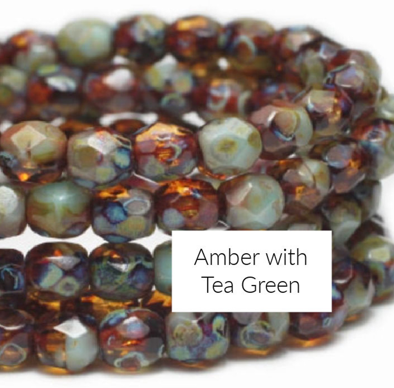 4mm Amber with Tea Green Fire Polish Beads (50pk)