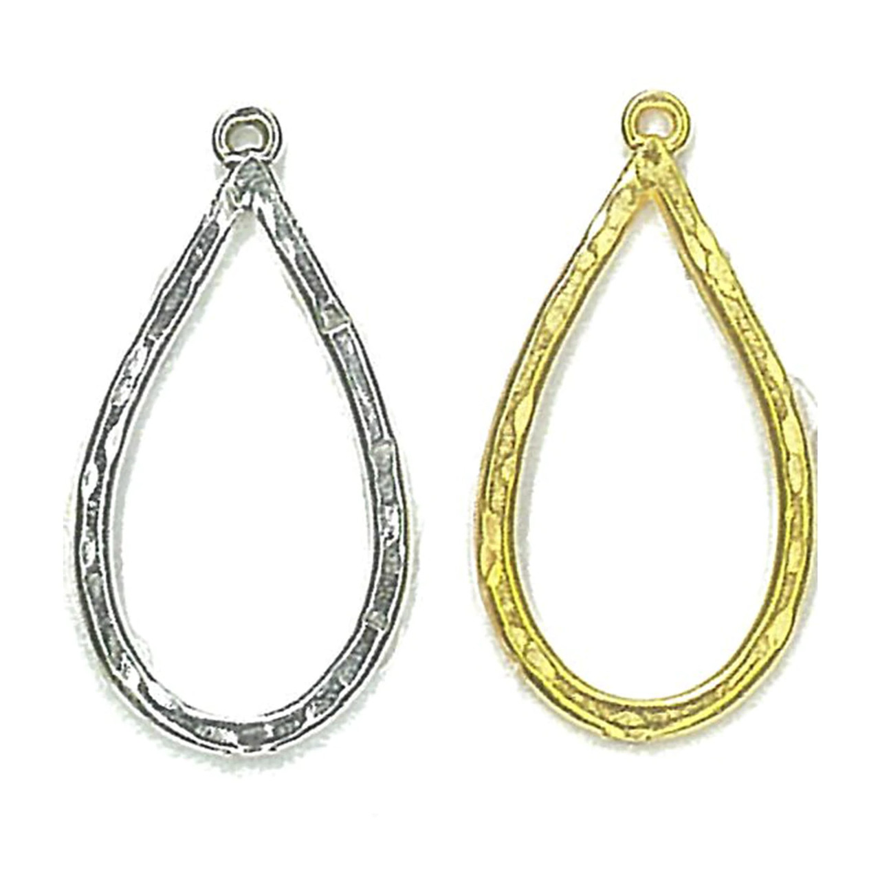 Silver textured 36X21mm open teardrop charm w/ ring (1 pair)