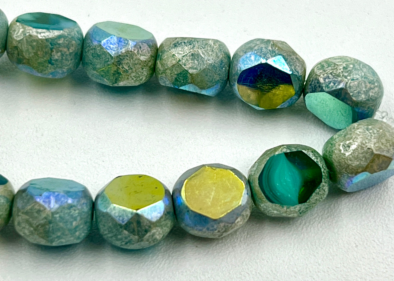 8mm Table Cut Faceted Round Teal and Sky Blue with an Antique Silver and AB Finish (15 Beads)