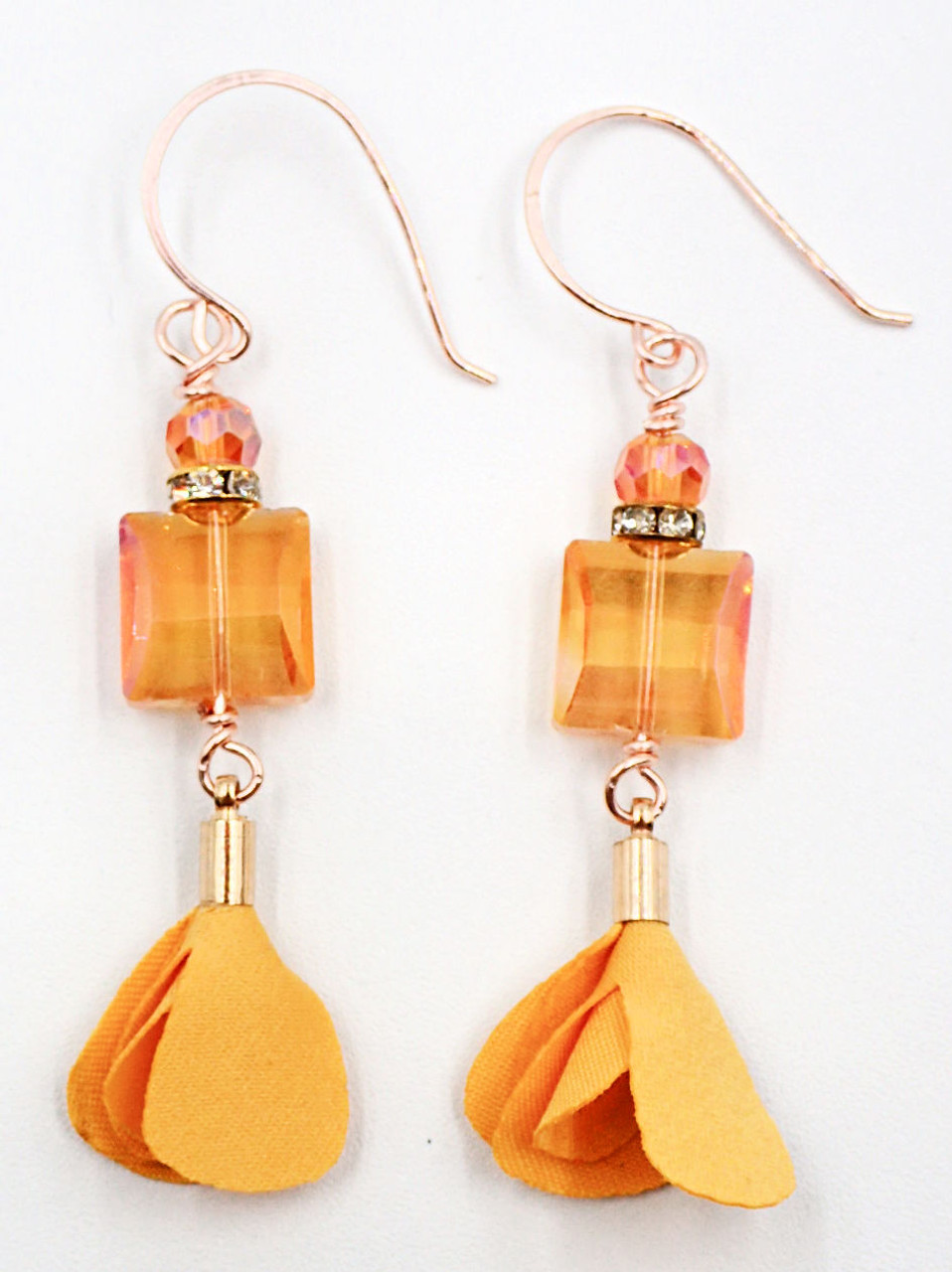 Orange Champagne Cube Fabric Tassel Earrings