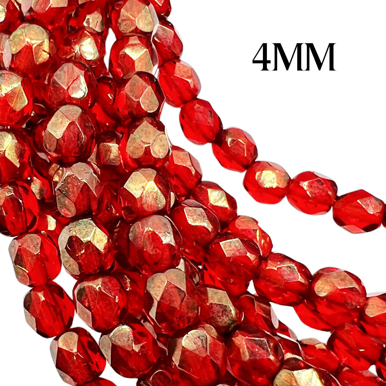 4mm Ruby Red with Gold Finish Fire Polish Beads