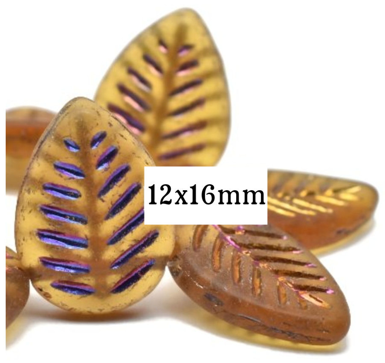 12x16mm Dogwood Leaves Amber with Metallic Purple and Metallic Volcano Washes (15 Beads)