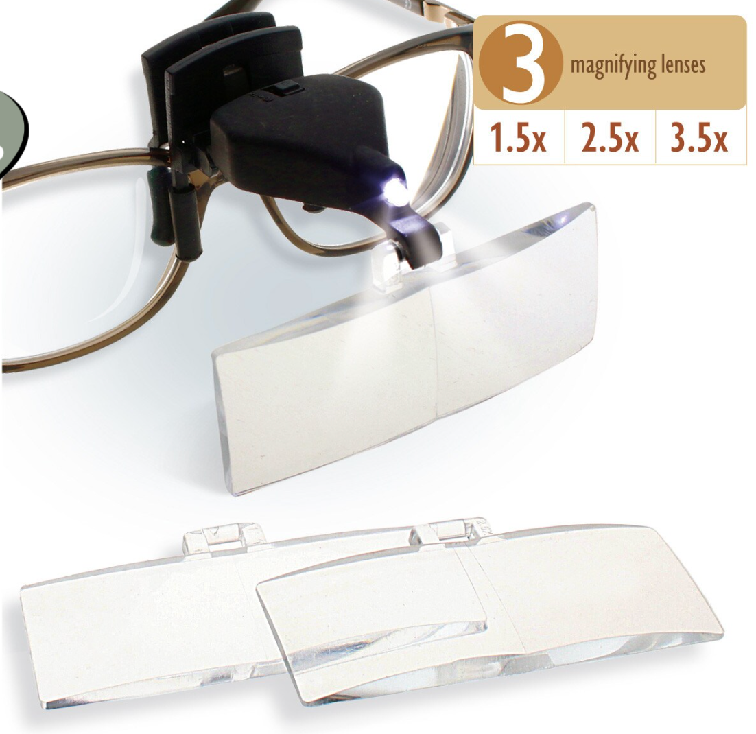 MAGNIFIER WITH 3 CLIPS -1.5X, 2.5X AND 3.5X MAGNIFICATION W/ LED LIGHT AND SCREWDRIVER