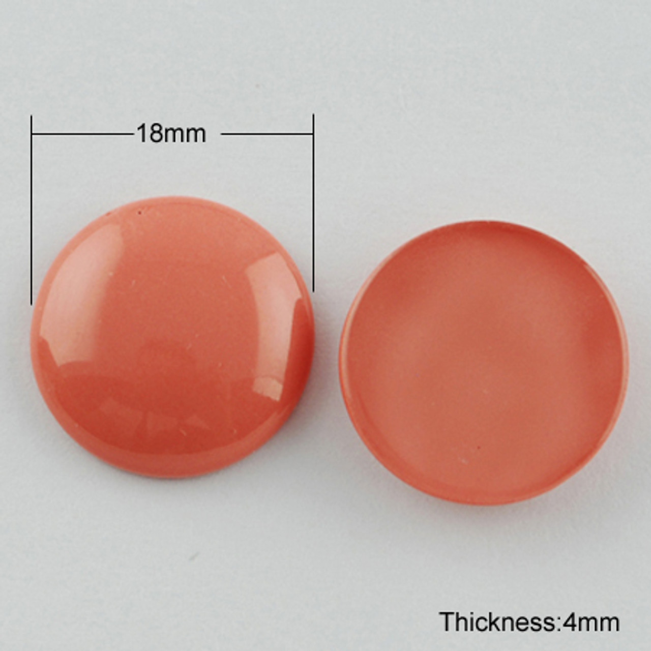 Painted Glass Cabochons, Half Round/Dome, Coral, 18mm, 5mm(Range: 4.5~5.5mm) thick (6pk)