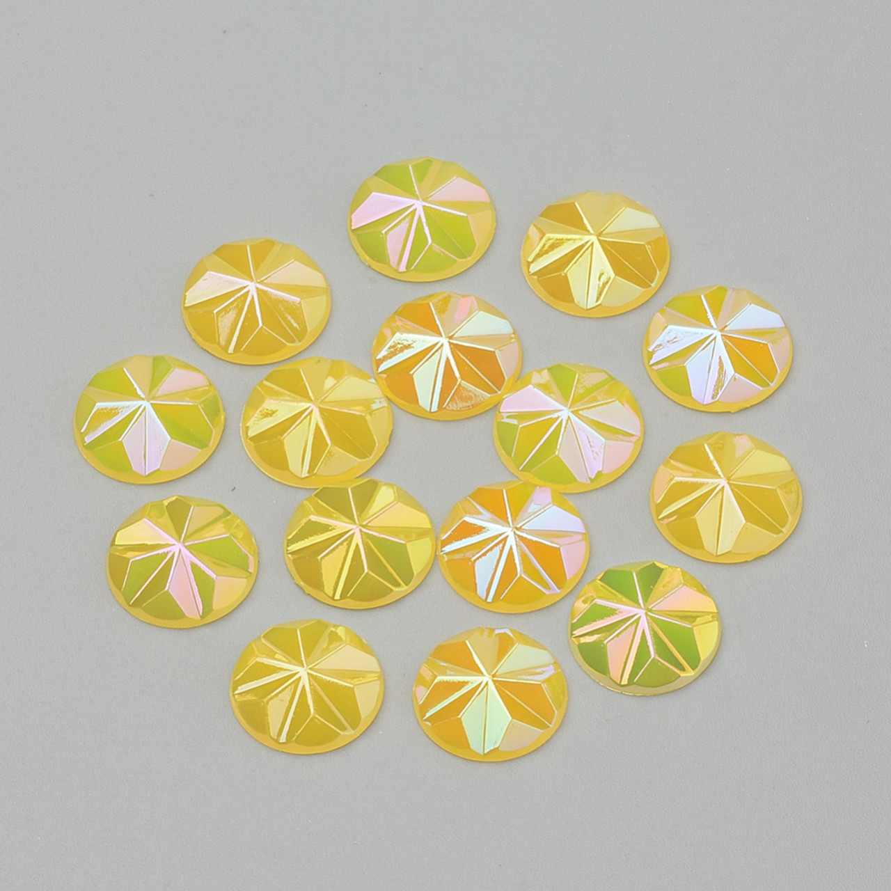 Acrylic Cabochons, AB Color Plated, Faceted, Dome/Half Round, Yellow Gold, 12x3mm (12pk)