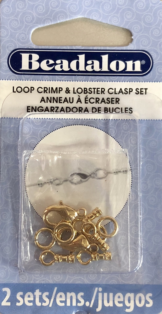 Loop Crimps, with Lobster Clasp and 2 x 6 mm (0.24 in) Jump Rings, 9.5 mm (0.37 in) long, fits cording up to 1.0 mm (0.38 in), Tarnish Resistant, Gold Color E-Coat, 2 sets