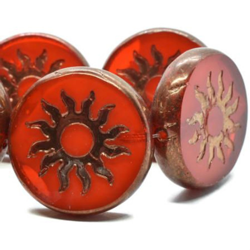 22mm Sun Coin Red with Bronze Finish - Sold Per Bead