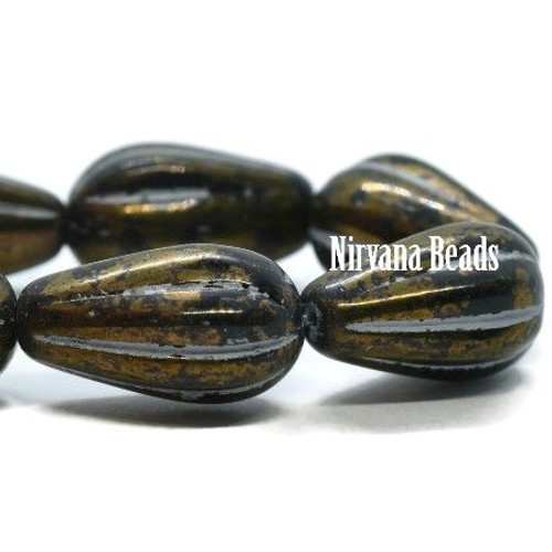 8x15mm Black with Gold Finish Melon Drop - SOLD PER BEAD