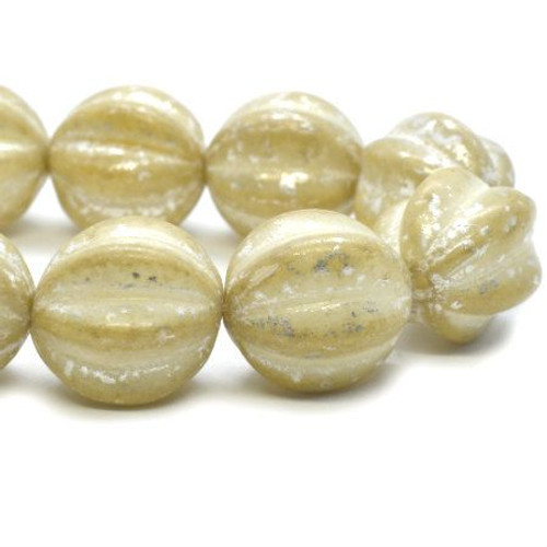 12mm Yellow Ivory with Silver Finish Melon Beads (15 Beads)