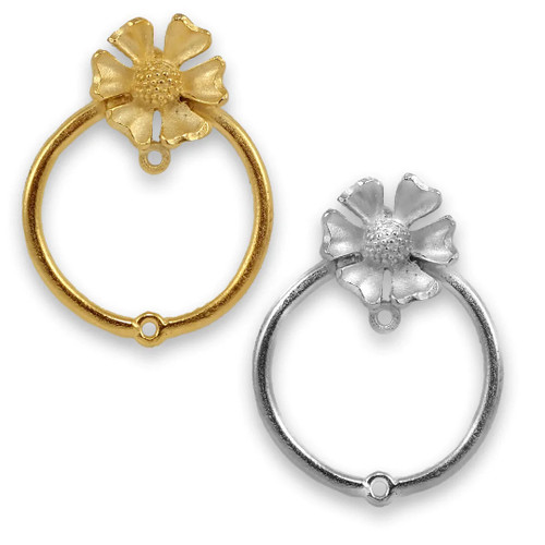 36X27mm Gold flower post earring w/hoop and 2 rings  (1 Pair)