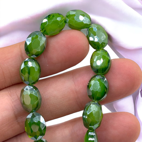 12x9mm Green Faceted Thunder Polish Ovals (17pc Strand)