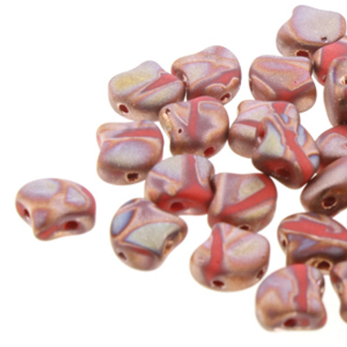 7.5x7.5mm Opaque Coral Red Full Capri Gold Matte Batik Two Hole Ginko Beads (8 Grams) Approx 30-35 Beads