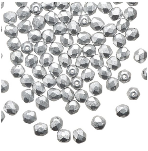4mm Opaque Satin Silver Fire Polish Rounds (120 Beads)